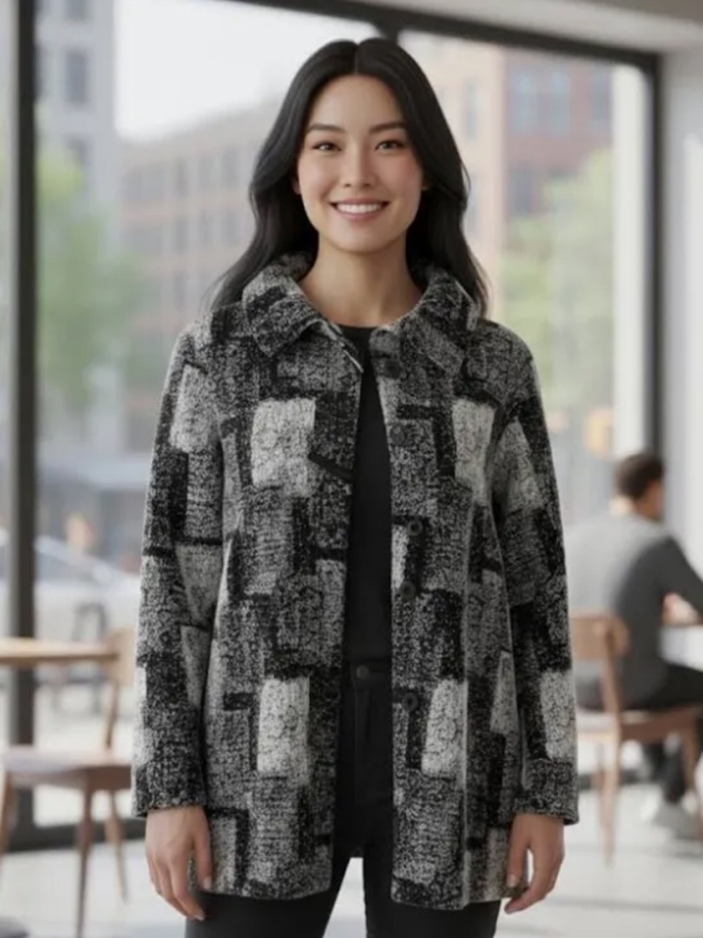 Yushi Vintage Black/White Textured Block Print, Toggled, 3/4 Sleeves Jacket L